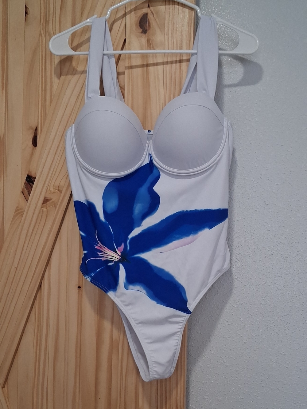 White One-Piece Swimsuit with Blue Floral Print